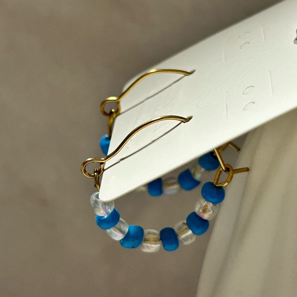 Gold and Blue Beaded Hoop Earrings